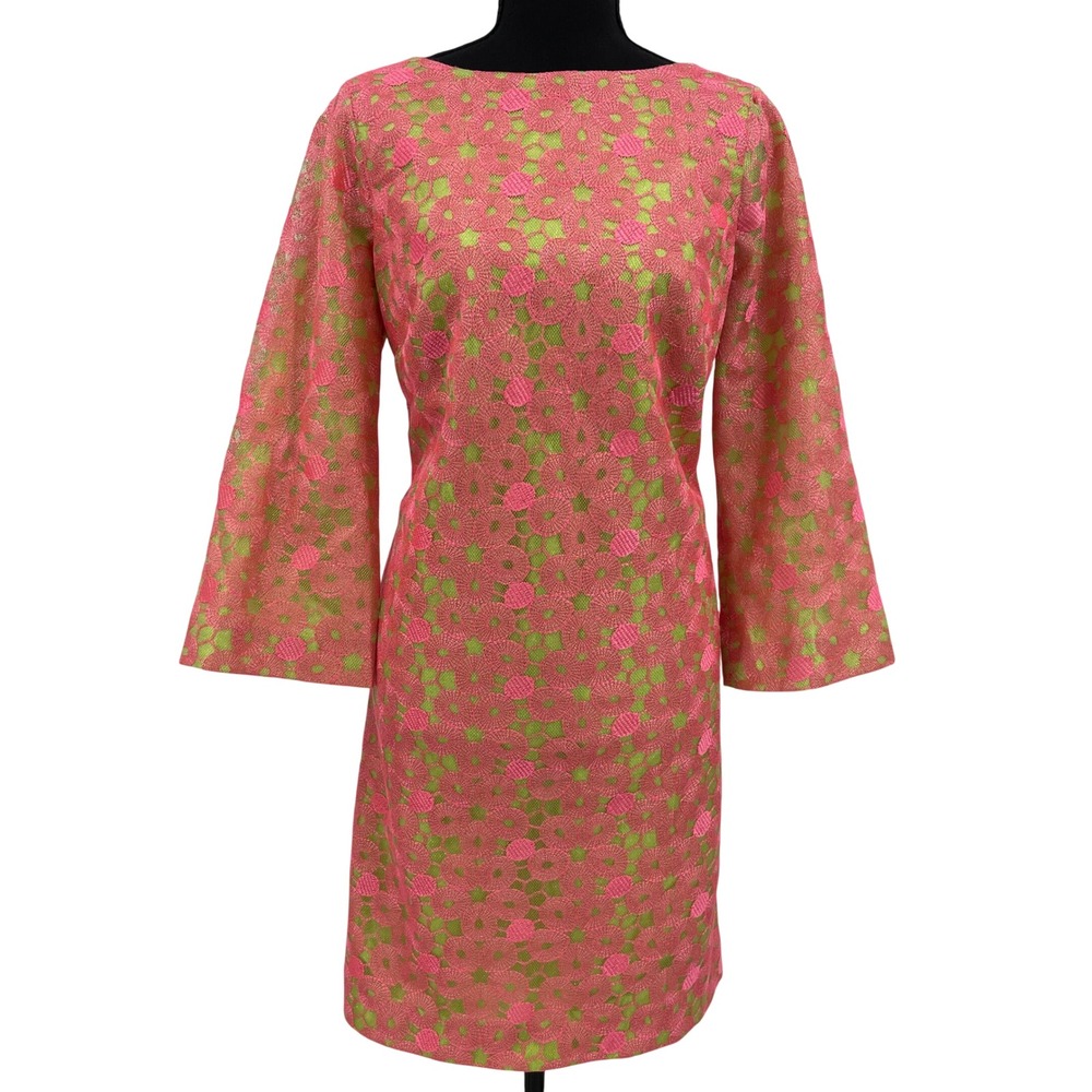 Lilly Pulitzer Mandy Dress Hotty Pink Loopy Lilly‎ Metallic Lace Bell Sleeve 10